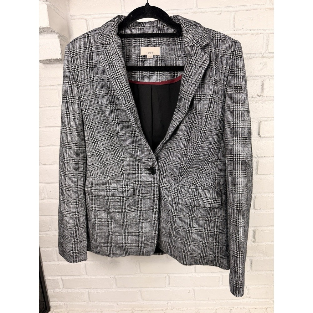 LOFT Womens Size 2 Black White Plaid One Button Blazer Jacket Career Work